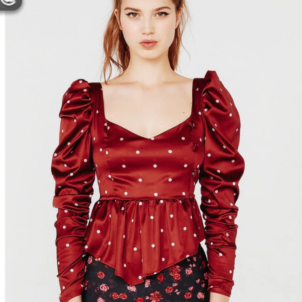 For Love & Lemons Small Labelle Peplum Polka Dot Blouse Burgundy Whimsigoth Fae